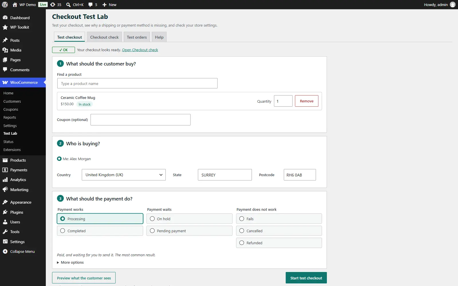 Checkout Test Lab Test checkout tab with product, customer and payment result choices