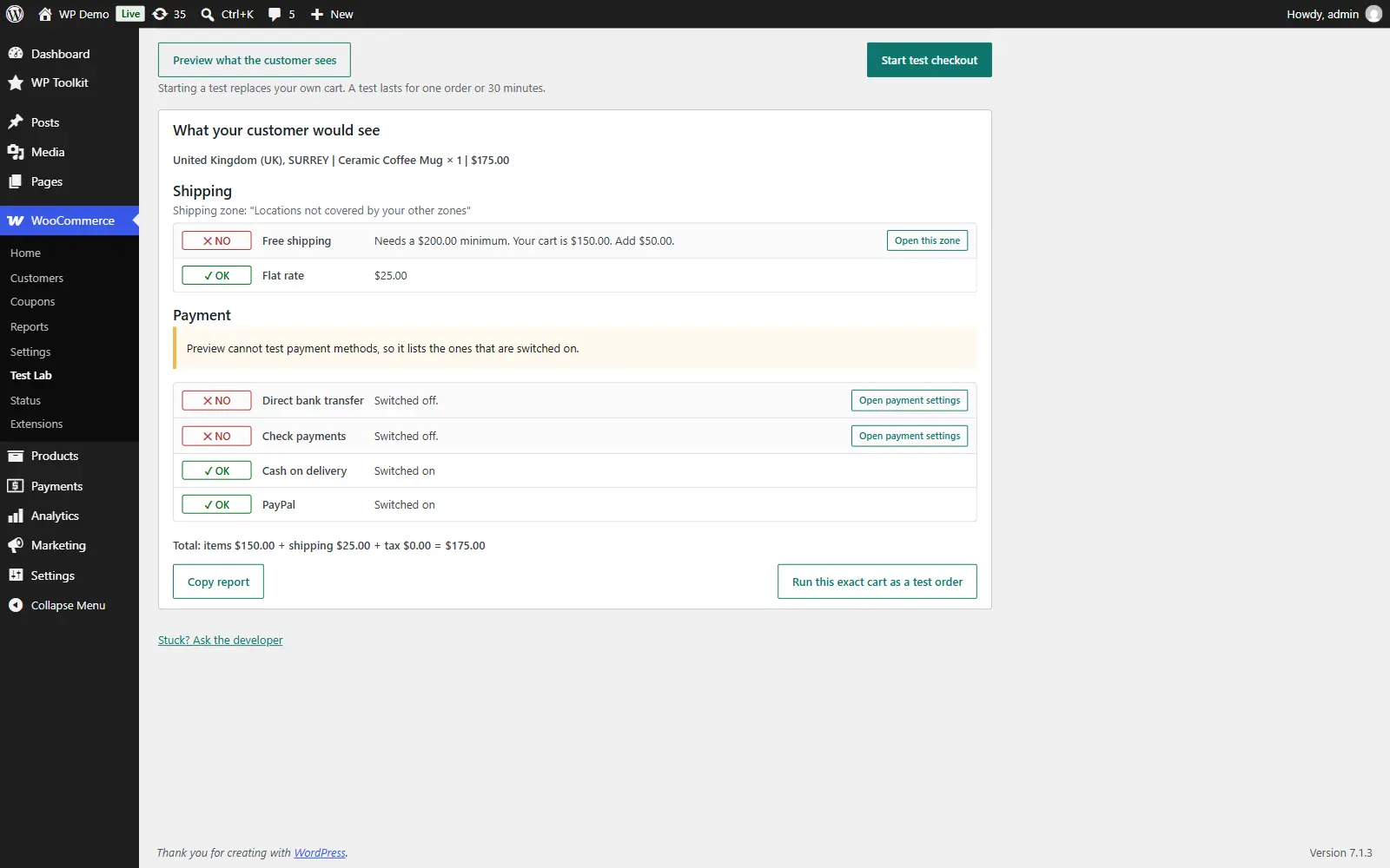 Checkout Test Lab Preview showing shipping methods with reasons a method is hidden
