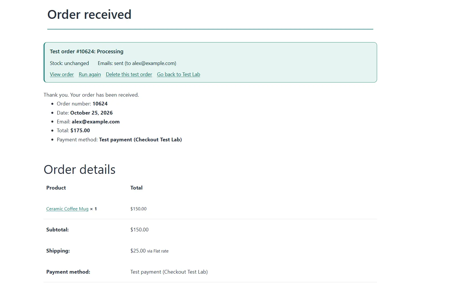 Test order result card on the WooCommerce order received page