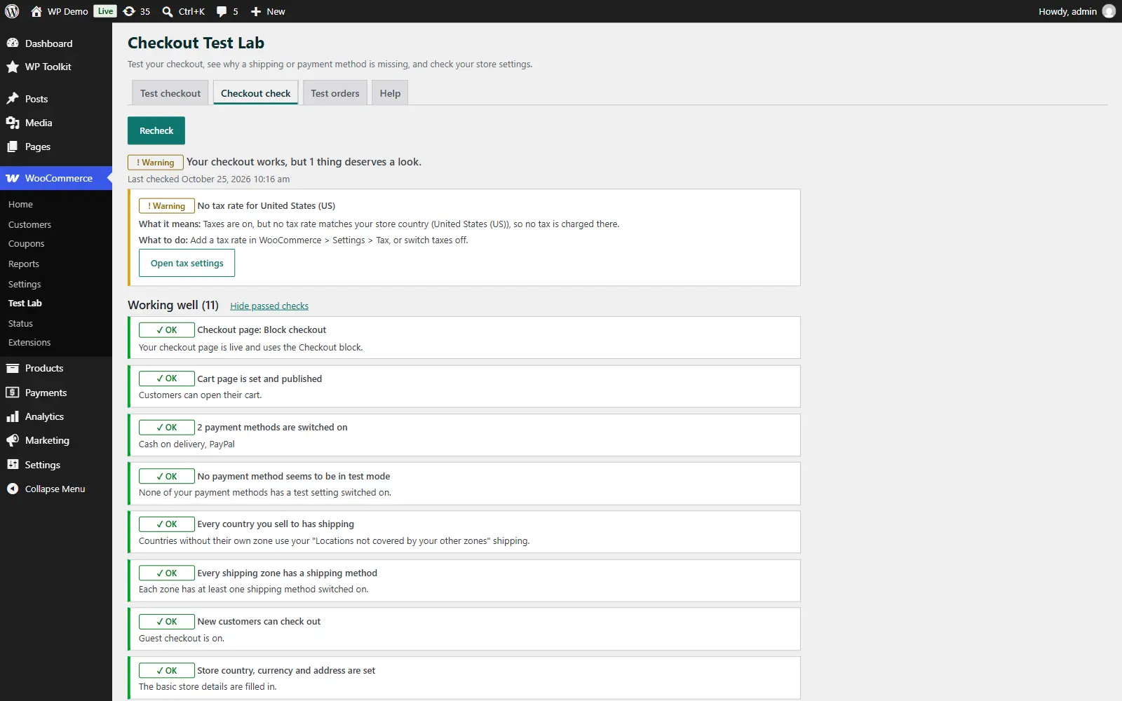 Checkout check tab with a verdict and a list of store settings checks