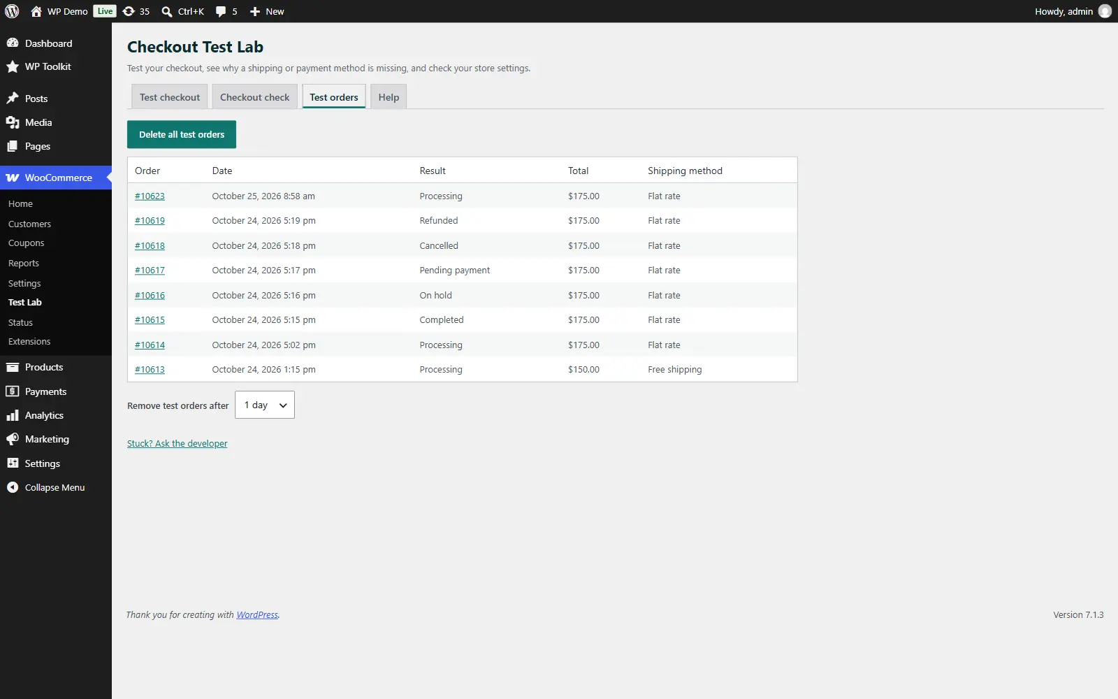 Test orders tab listing WooCommerce test orders with a Delete all button