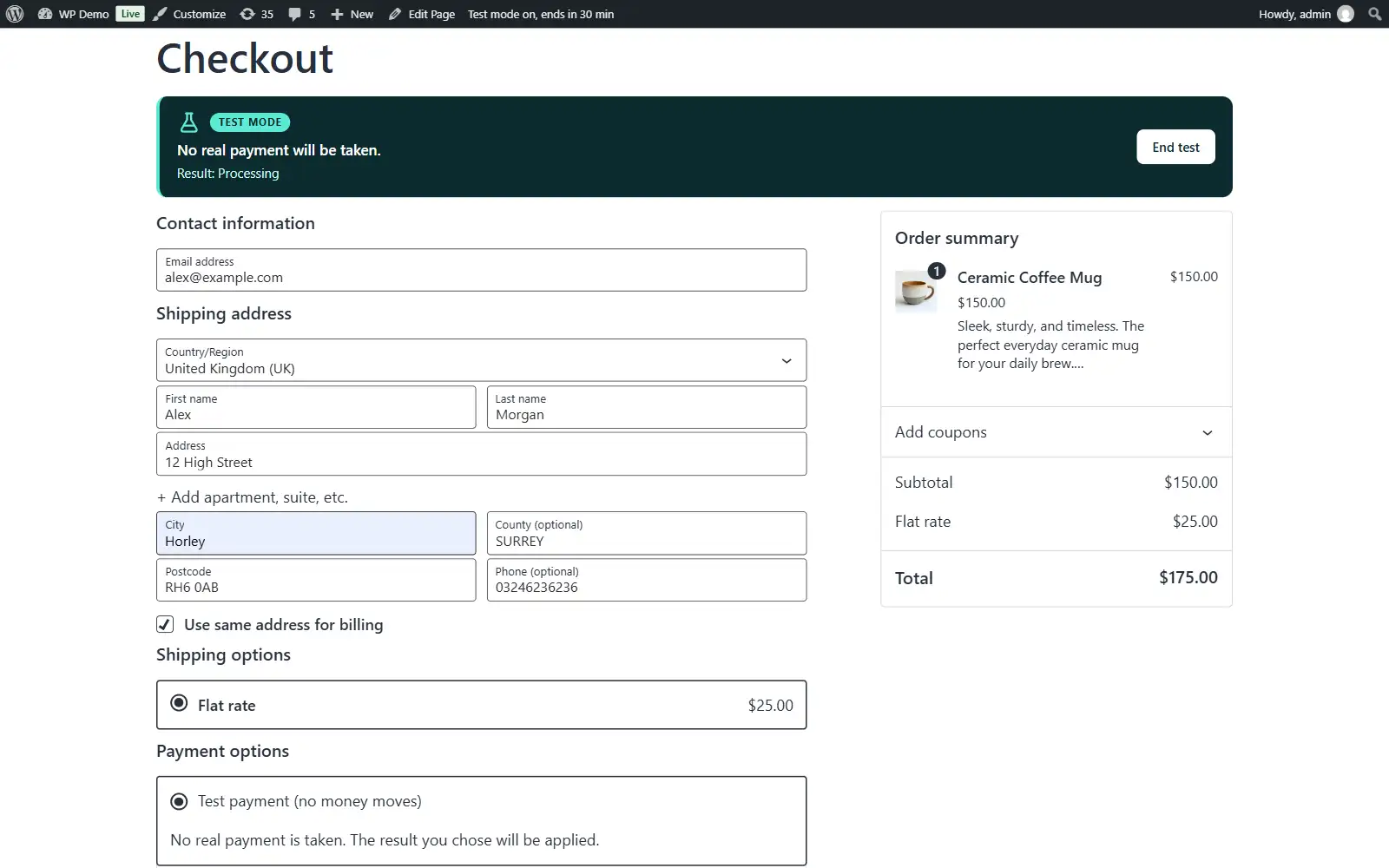WooCommerce checkout with the test mode notice and the test payment method
