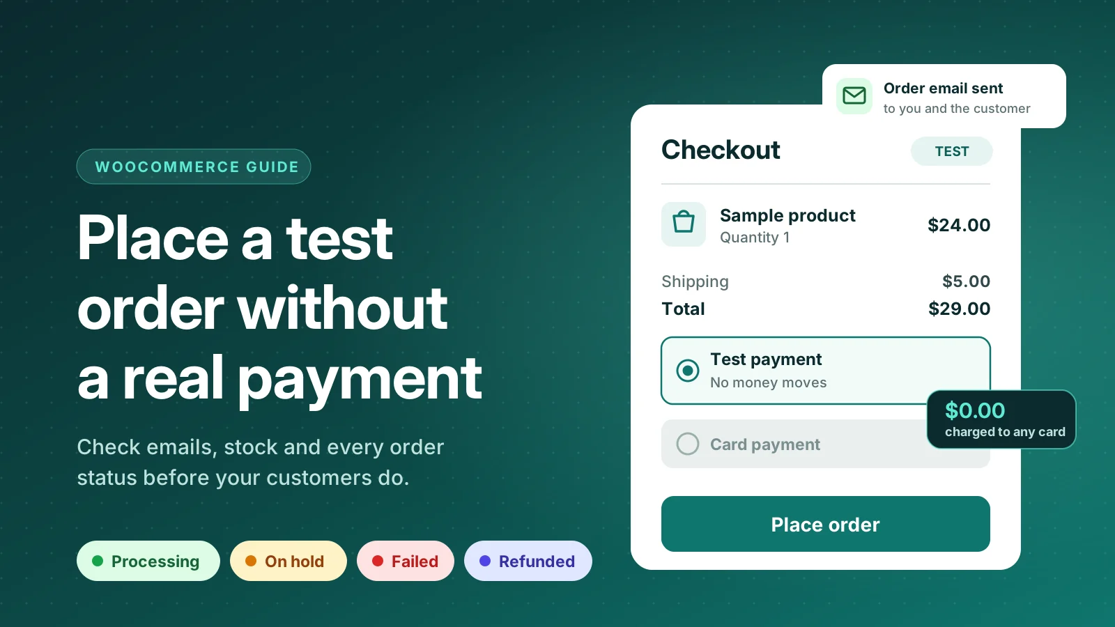 WooCommerce test order at checkout using a test payment method, with no money charged